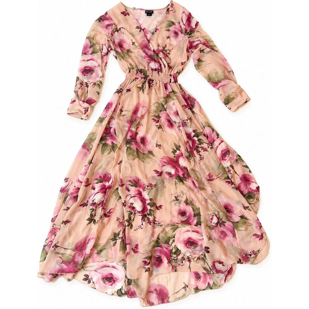 Kate and Lily Pink Floral Chiffon Midi Dress Long Sleeve Ruched Petite